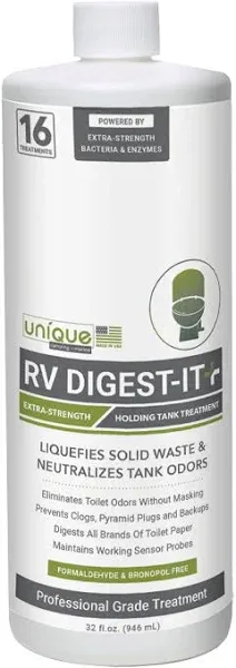 Unique RV Digest-It+, Extra-Strength Black Tank Treatment for RVs - Stronger Liquid RV Toilet Treatment, Eliminates Odor, Liquefies Waste, Prevents Sensor Misreading, CA Compliant (3-Pack)