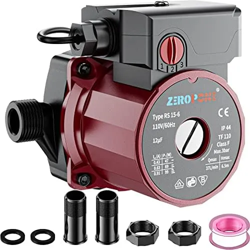 ZeroPone Hot Water Recirculating Pump, 93W Water Circulator Pump NPT 3/4" W/npt 1/2" Adapter, Stainless Steel Head,15-6S 3 Speed Control for