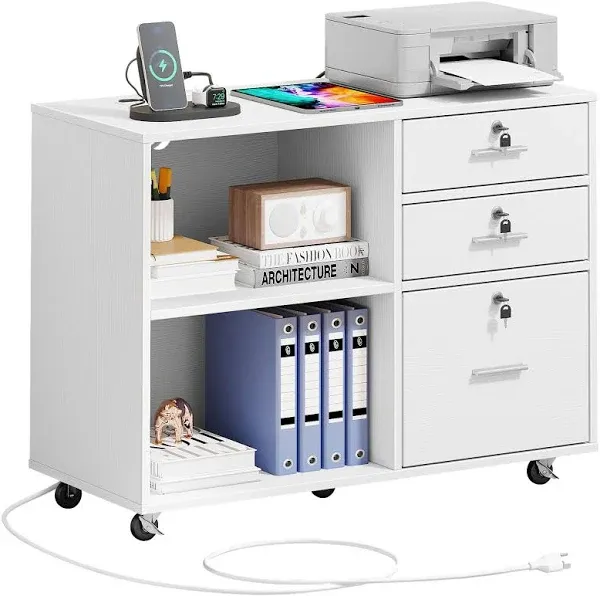 YITAHOME 3 Drawer File Cabinet with Charging Station and Mobile Filing Cabinet with Lock