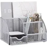 ANNOVA Mesh Desk Organizer Office with 7 Compartments + Drawer/Desk Tidy Candy/Pen Holder/Multifunctional Organizer - Silver - G