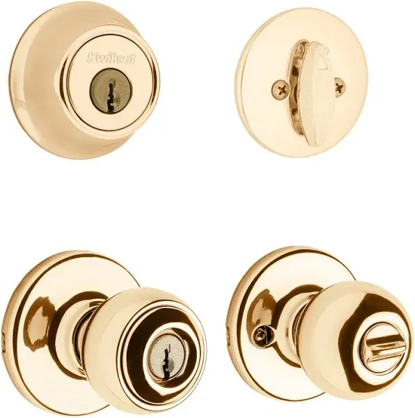 Polo Polished Brass Deadbolt and Door Knob Combo Pack