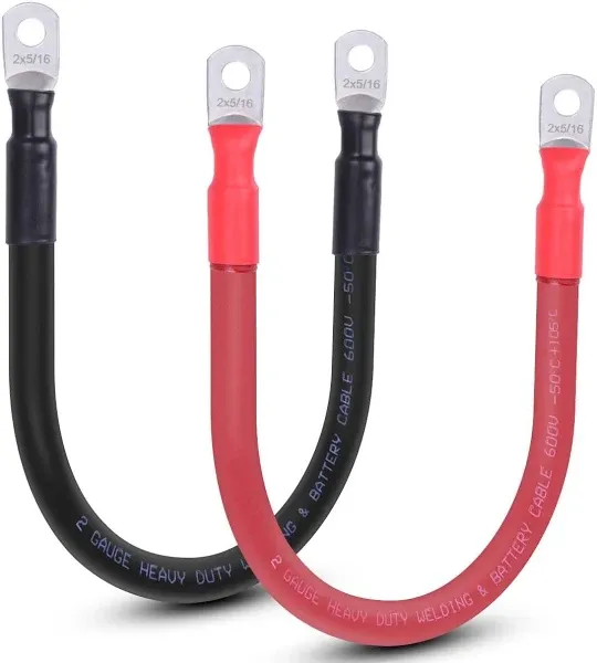 2 Gauge Battery Cable, 1FT 2 AWG Battery Cable Wire with 5/16" Terminals, Pure Copper Welding Cable Inverter Cables, for Automotive Solar Marine Boat Motorcycle (2AWG 1FT Red + 1FT Black)