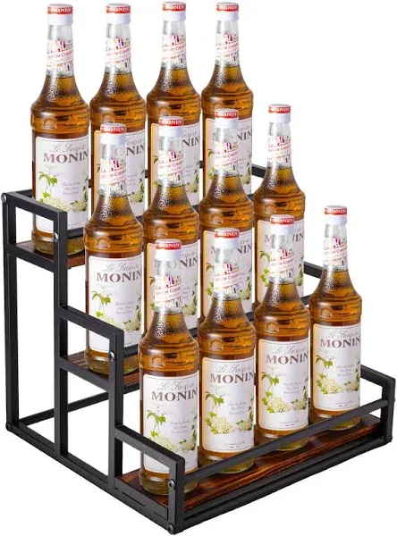 3-Tier Coffee Syrup Organizer, Wood and Metal, 12 Bottle Storage Shelves for ...