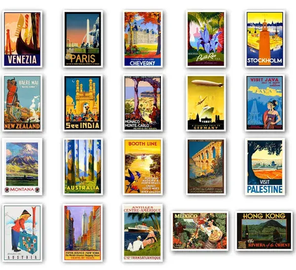 VINTAGE TRAVEL POSTERS postcard set of 20. depicting the original 1920s-1940s posters. Variety pack reprint postcards. Made in USA.