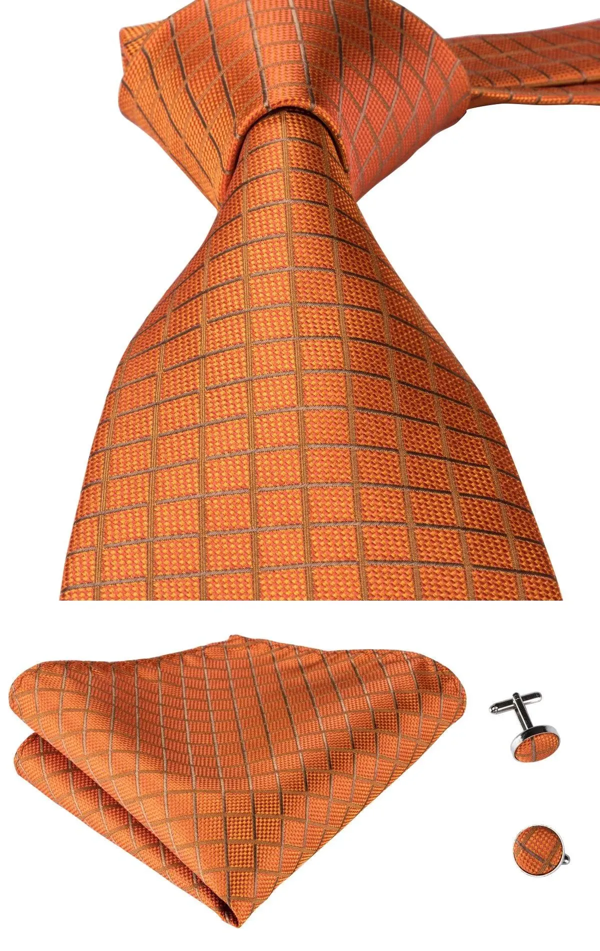 Mens Orange Plaid Necktie with Handkerchief Cufflinks Set