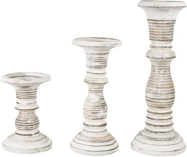 “Pakshi” Candle Holders for Pillar Candles (Distressed White, Set of 3) - Mangowood Candle Stand - Farmhouse Wooden Candle Holders Pillar -Candle Holder Decor for Table Centerpiece - 6”, 9”, 12”