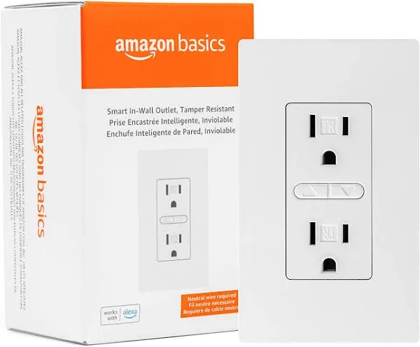 Amazon Basics - Smart In-Wall Outlet, Works with Alexa Only, 2.4 GHz Wi-Fi, No Hub Required, White, 2.8 x 1.85 x 4.57 inches