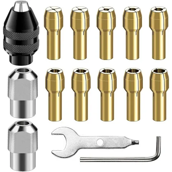 15PCS 4486 Multi Chuck Collet Set Compatible with Dremel, Keyless Drill Chuck Bit, 0.8-3.2mm Shank Replacement 4485 Brass Collet Metal Nut Rotary Tool Accessory 3000 4000 7700 8200