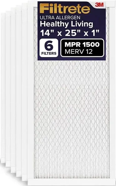 Filtrete 14x25x1 AC Furnace Air Filter, MERV 12, MPR 1500, CERTIFIED asthma & allergy friendly, 3 Month Pleated 1-Inch Electrostatic Air Cleaning Filter, 6-Pack (Actual Size 13.81x24.81x0.78 in)