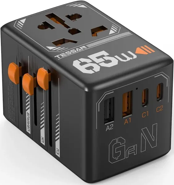 TESSAN Universal Travel Adapter, GaN 65W International Plug Adaptor with 4 USB(2 USB C) Charging Ports, Worldwide Power Outlet for US to European EU UK AUS Ireland(Type C/G/A/I)