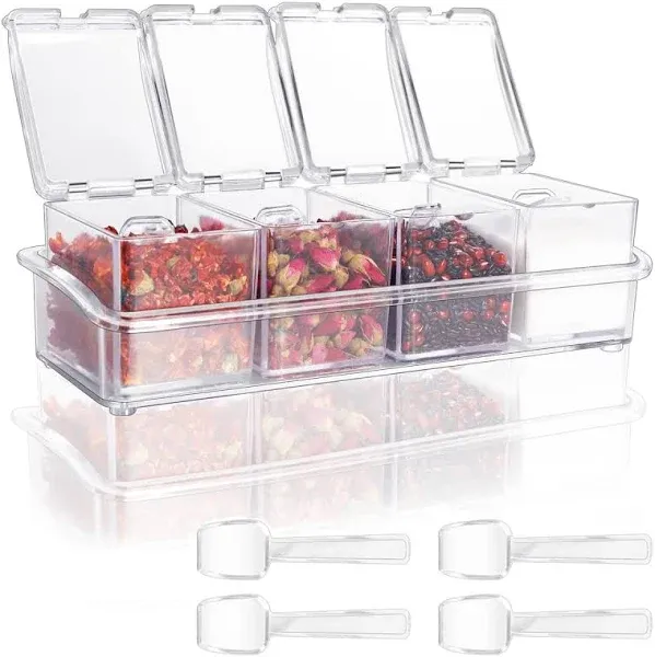 suchkawe 4 Pieces Set Clear Seasoning Box, Spice Storage Containers with Lids and Spoons Acrylic Spice Dispenser Jars for Sugar, Salt, Pepper and Oth