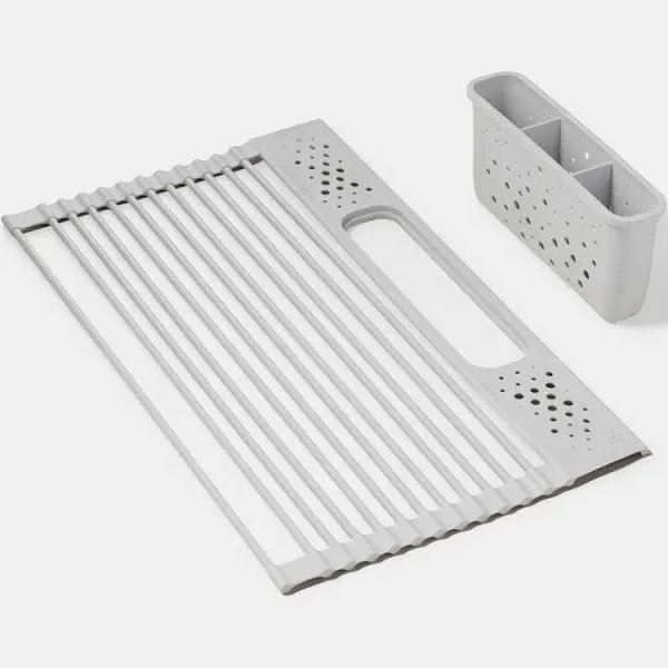 GIR Over-the-Sink Drying Rack - Silicone-Coated Metal Dish Drying Mat with Removable Utensil Caddy - Durable and Heat Resistant Trivet and Cooling Rack, Space-Saving Kitchen Organizer - Slate