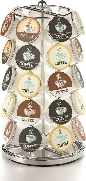 Nifty K Cup Holder – Compatible with K-Cups, Coffee Pod Carousel | 35 K Cup Holder, Spins 360-Degrees, Lazy Susan Platform, Modern Chrome Design, Home or Office Kitchen Counter Organizer