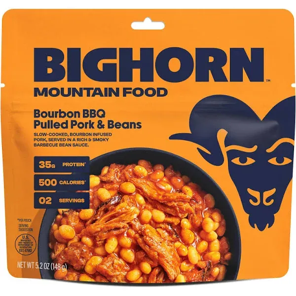 BIGHORN Mountain Food Bourbon BBQ Pulled Pork and Beans - premium freeze dried meals for backpacking food - dehydrated camping food for backpacking meals - ideal camping meals just add water - great taste - 2 servings