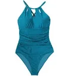 Cupshe Women's Blue One Piece Swimsuit Tummy Control Cutout High Neck Bathing Suit, XL