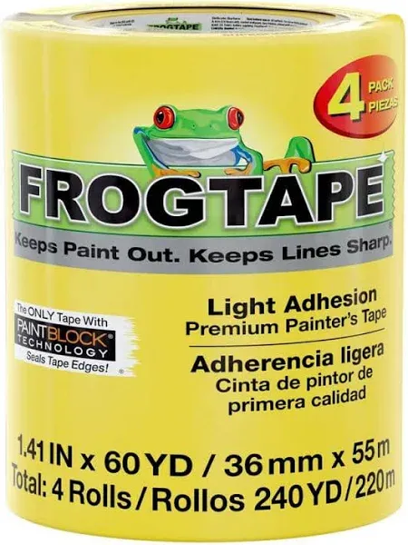 FrogTape Delicate Surface Painter's Tape With PaintBlock, 1.41 Inch x 60 Yards, 4-Pack, Yellow (240662)