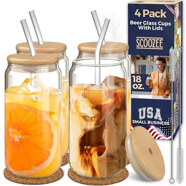 Scoozee Drinking Glasses with Glass Straw (4Pc, 16 Oz) - Glass Tumbler w/ Straws