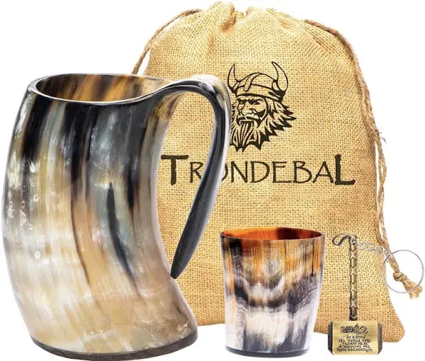 Viking Drinking Horn Mug, 15-20 Oz Natural Ox Horn Cup & Cofee Stein | Cool Unique Gift for Men and Women, Home Decor Accessories | Shot Glasses for Beer, Ale, Whiskey, Mead