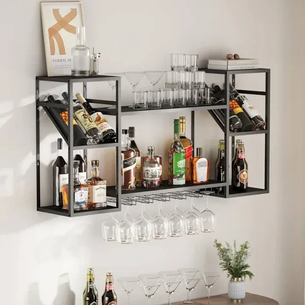 Metal Floating Bar Liquor Shelves 2 Tier, Wall Mounted Wine Rack with Glass Holder Storage, Wall Bar Shelf Wine Display Storage Holder for Kitchen Dining Room Bar (Black)