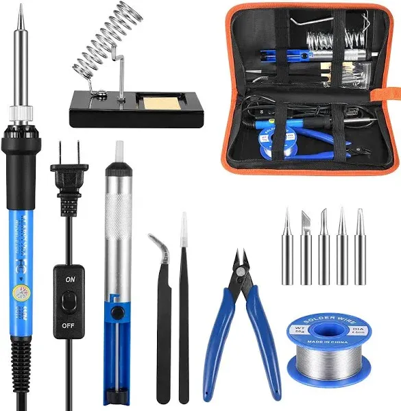 Soldering Iron Kit, Adjustable Temperature 13-in-1 60W Soldering Tool, Solder Kit Electronics with ON/Off Switch, 5 Soldering Tips, Solder Sucker, Stand, Tweezers, Solder Wire, Wire Cutter, Carry Bag