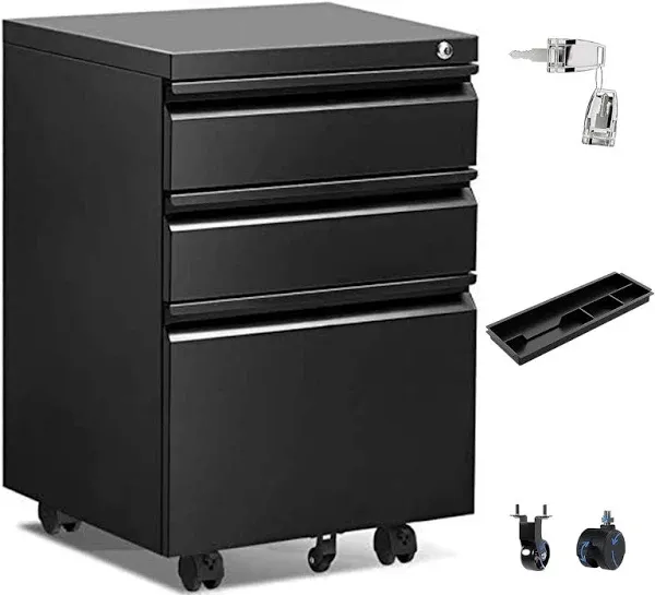 3 Drawer Rolling File Cabinet with Lock