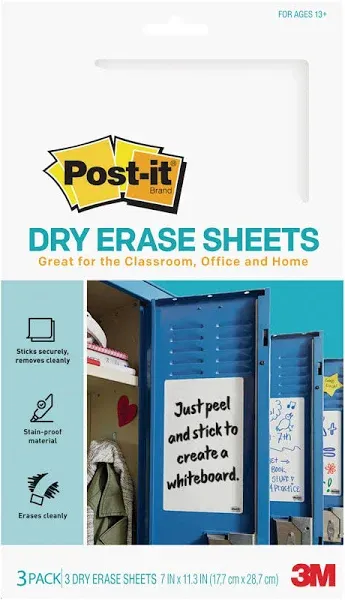 Post-it Dry Erase Sheets, 7 in x 11.3 in, Sticks Securely and Removes Cleanly (DEFSHEETS-3PK) (Pack of 8, 24 Count)