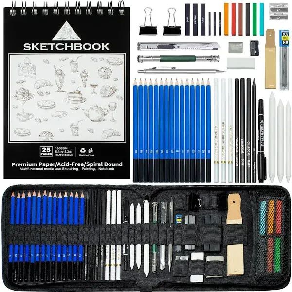 50pcs Sketching Drawing Pencils Set Art Supplies | Sketch pencils,Graphite,Charcoal,Sketch book,Drawing supplies | In Black Zipper Case | For adults,teeage, Kids 9-12