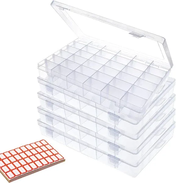 5Pack 36 Grids Clear Plastic Organizer Box with Adjustable Dividers Storage Container Jewelry Box for Beads Art Crafts Pieces Letter Board Fishing Tackles Rock Collection with 2000pcs Label Stickers