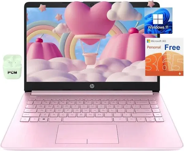 HP 14" Laptop for student and business - HD Display, Intel Quad-Core Processor, 4GB RAM, 64GB eMMC, ‎Intel UHD Graphics 600, Wi-Fi, Bluetooth, Webcam, Windows 11 Home in S Mode, Pink