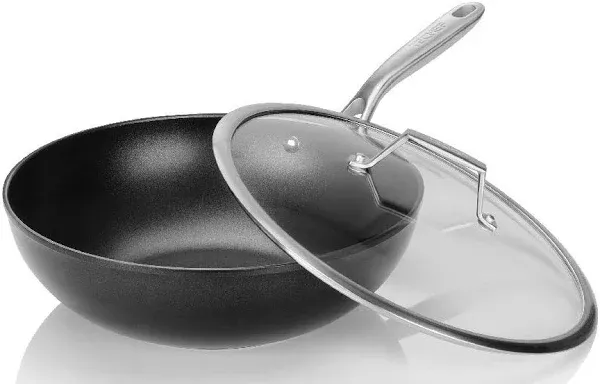 TECHEF - Onyx Collection, 12" Nonstick Flat Bottom Wok/Stir-Fry Pan with Glass Lid, PFOA Free, Dishwasher and Oven Safe, Made in Korea