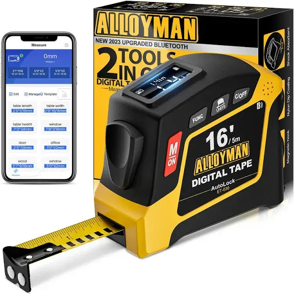 Alloyman 2-in-1 Digital Tape Measure, 16Ft Length, 6 Unit Options, 4 Measuring Modes, Stores 50 Records, Auto Lock with Magnetic Hook, Waterproof & Drop-Resistant, App Sync