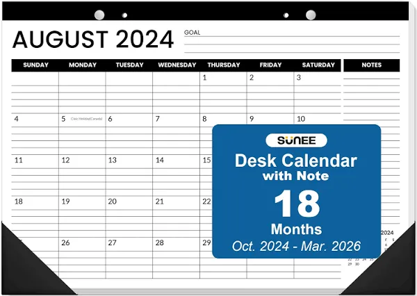 SUNEE Desk Calendar 2024-2025 17x12, 18 Months, JUL. 2024 - DEC. 2025, Academic Desk Blotter Calendar 2024-2025, School Year Large Calendar for Teacher, Black with Note