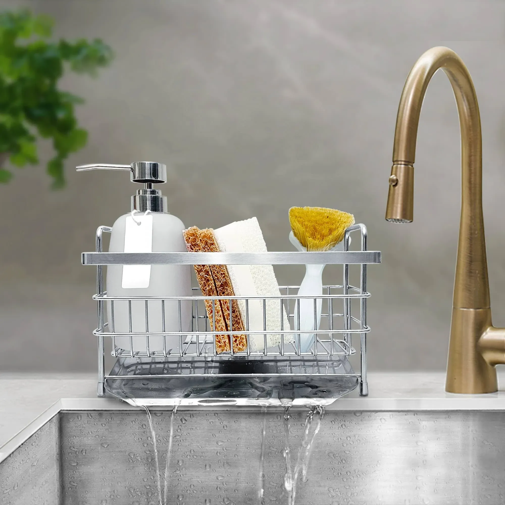 Soon Neat Kitchen Sink Caddy with a Divider - Kitchen Sink Organizer - Quick Draining, Stainless Steel Tray