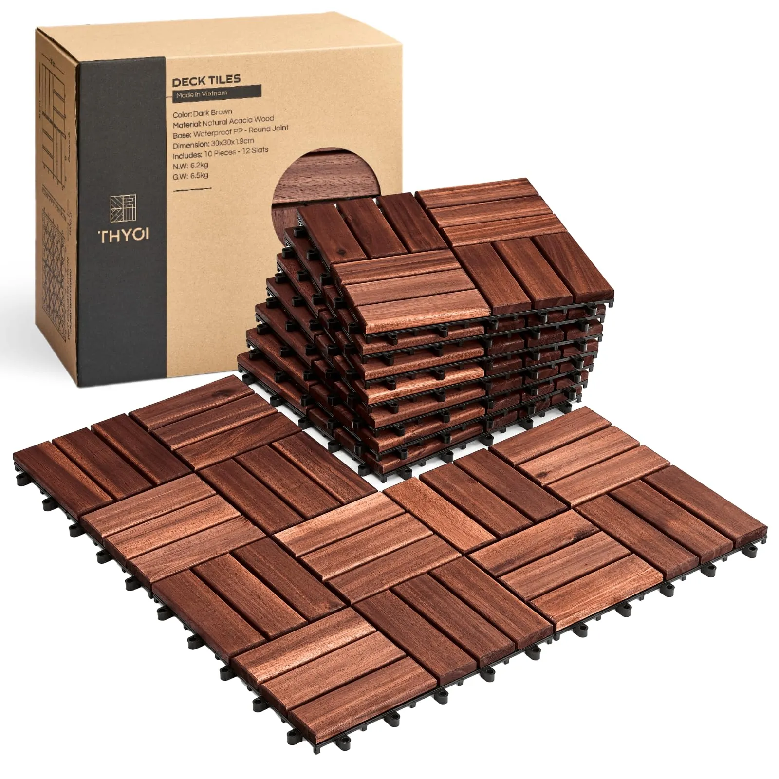 10 Pcs Interlocking Deck Tiles 12" x 12", Patio Flooring Outdoor Waterproof, Acacia Wood Tiles All Weather, Floor Tiles for Balcony, Backyard, Indoor and Outdoor use (Brown)