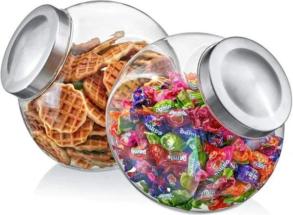 Amazing Abby - Sweet Caroline - 2-Pack 75-Ounce Plastic Candy Jar with Stainless Steel Lid, Cookie Jar, Apothecary Jar, BPA-Free, Shatter-Proof, Great for Candy Buffet, Decorative Display, and More