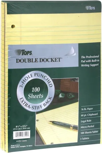 TOPS Docket Writing Pads, 8-1/2" x 11-3/4", Legal Rule, Canary Paper, 3-Hole Punched, 100 Sheets, 3 Pack (63392)