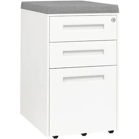 Laura Davidson Furniture STOCKPILE Curve Seated 3-Drawer Mobile File Cabinet with Removable Magnetic Cushion Seat - Metal Filing Cabinet, Pre-Assembled, White with Dark Grey Cushion