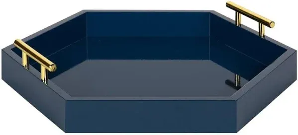 Kate and Laurel Lipton Hexagon Decorative Tray with Polished Metal Handles, Navy Blue and Gold