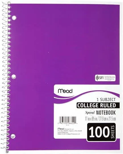 Mead Spiral - 1 Subject Notebook - Spiral-Bound - 8.5 in x 11 in - 100 Sheets / 200 Pages - White Paper - College - 3 Holes - Available in Different Colors - DuraPress