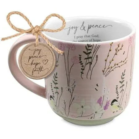 Lighthouse Christian Products Joy & Peace Pink Floral 18 Ounce Ceramic Coffee Cup Mug