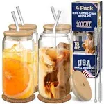 Scoozee Glasses with Bamboo Lids and Glass Straws - (18 oz, Set of 4)