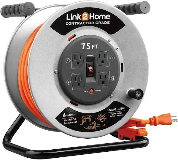 Link2Home Contractor Grade Retractable Extension Cord Reel 75 Ft. With 4 Outlets & Heavy Duty/High Visibility 3-Prong SJTW Cord