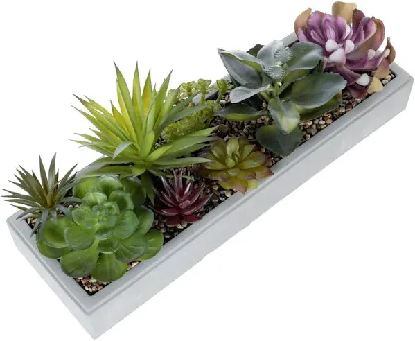 MyGift Mixed Color Artificial Succulent Plant Arrangement in Modern 16-Inch Gray Clay Planter Tray