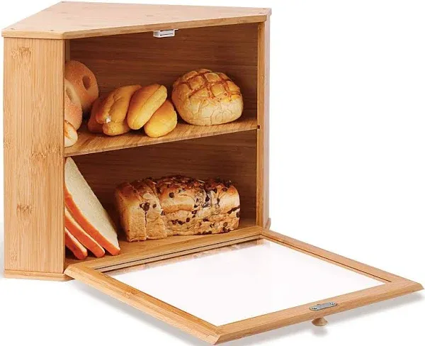 HOMEKOKO Double Layers Bamboo Corner Bread Box for Kitchen Counter, Wooden Large Capacity Bamboo Bread Food Storage Bin (Natural Bamboo)