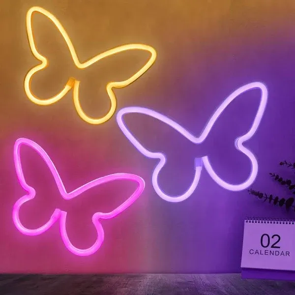 BRIGHTDECK 3 Pcs Butterfly Neon Signs, Neon Light for Bedroom, USB or 3-AA Ba...