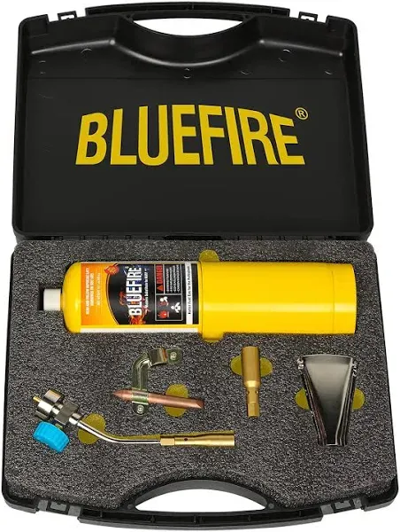 BLUEFIRE Solid Brass Pencil Flame Gas Welding Torch Head Nozzle Professional Upgrade Kit with MAPP All-Purpose Bundle with hard box interchangeable heads Fuel by MAP Pro Propane CGA 600 Cylinder