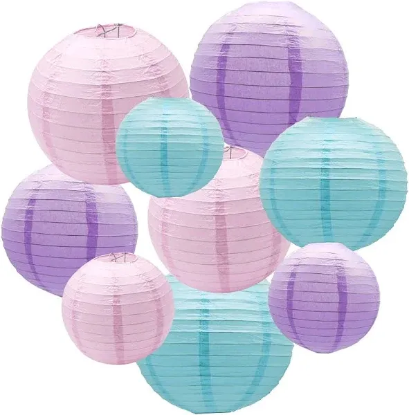 Paper Lanterns Party Decorations, Pink Purple Blue Round Hanging Lantern for Mermaid Theme Girl Birthday Party Wedding Baby Shower Frozen Party Supplies, Set of 9