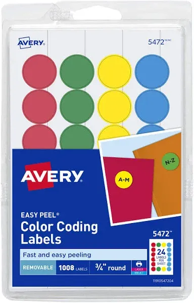 Avery Removable Color-Coding Labels, Removable Adhesive, Assorted Colors, 3/4" Diameter, 1,008 Labels (5472)