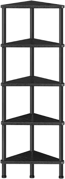 HOOBRO Corner Shelf Stand, Industrial 5-Tier Wall Corner Bookshelf with Metal Frame, Plant Corner Display Shelf, Corner Bookcase for Small Spaces, Bedroom, Living Room, Black BK33CJ01