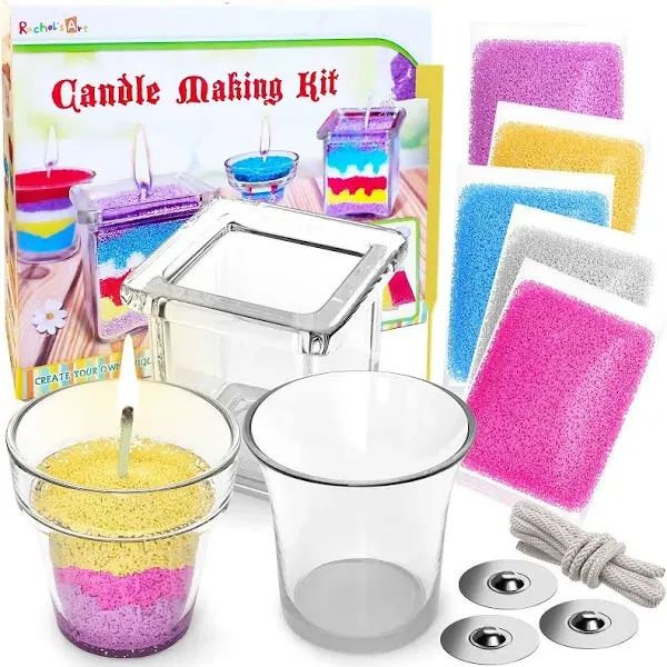 Rachel's Art - Candle Making Kit for Kids - DIY Kids Candle Making Kit - Design and Make Your Own Candles - Craft Supplies & Materials - 3 Glass Candle Containers, 3 Wicks, 5 Bags of Colored Wax